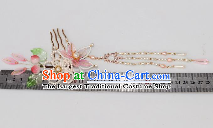 Chinese Ancient Noble Lady Pearls Tassel Hairpin Traditional Ming Dynasty Princess Peach Blossom Hair Comb