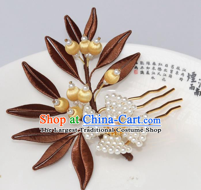 Chinese Ancient Young Lady Pearls Hairpin Traditional Ming Dynasty Brown Silk Leaf Hair Comb