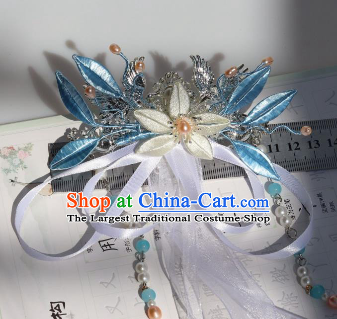 Chinese Handmade Hanfu Tassel Hair Accessories Ancient Princess White Silk Ribbon Hair Claw