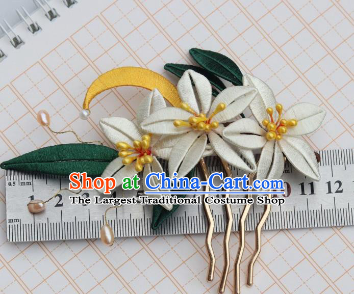 Chinese Ancient Young Beauty Hair Comb Handmade Song Dynasty Court Silk Moon Flowers Hairpin