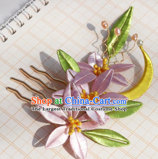 Chinese Ancient Palace Lady Pearls Hair Comb Handmade Song Dynasty Court Pink Silk Moon Tuberose Hairpin