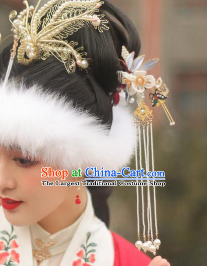 Chinese Handmade Pearls Tassel Hair Stick Ancient Ming Dynasty Empress Cloisonne Butterfly Plum Hairpin