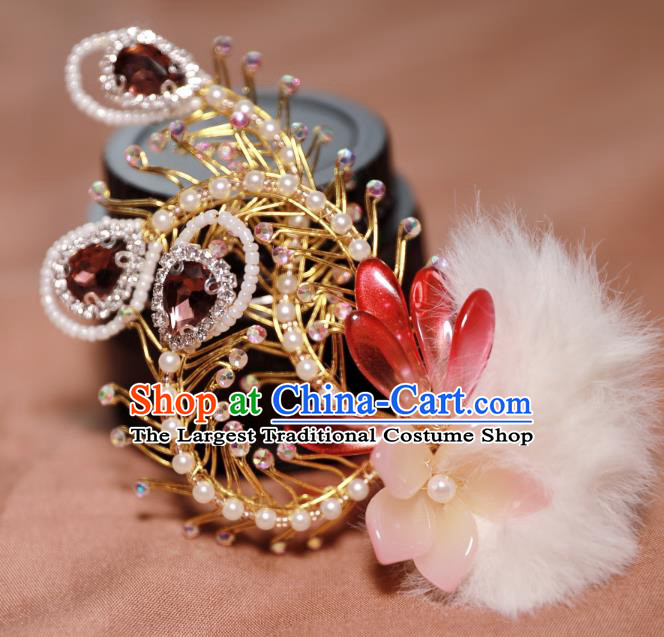 Chinese Handmade Pearls Phoenixl Hair Stick Ancient Ming Dynasty Noble Lady Red Crystal Hairpin