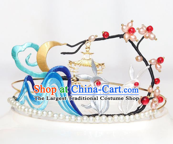 Chinese Ancient Princess Pearls Hair Clasp Traditional Song Dynasty Silk Moon Rabbit Hair Crown