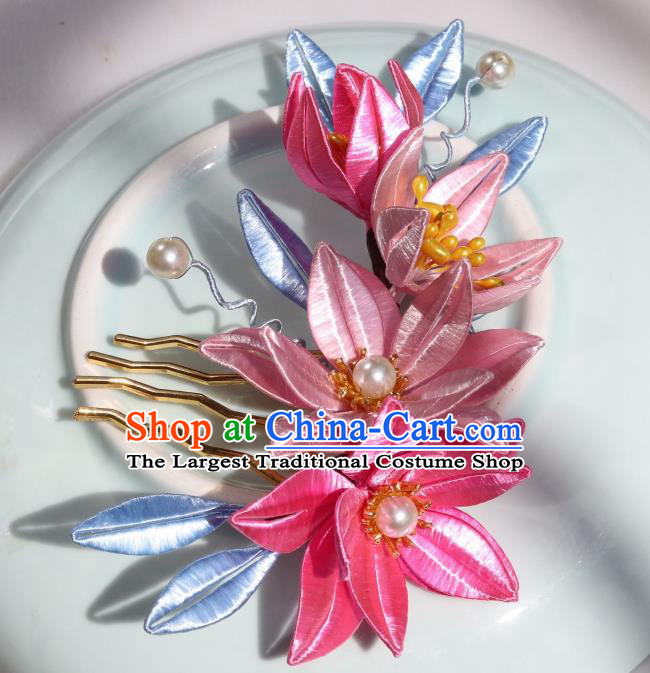 Chinese Traditional Song Dynasty Palace Lady Hair Comb Ancient Princess Pink Silk Epiphyllum Hairpin