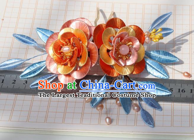 Chinese Traditional Song Dynasty Orange Silk Camellia Hair Comb Headwear Ancient Palace Princess Hairpin