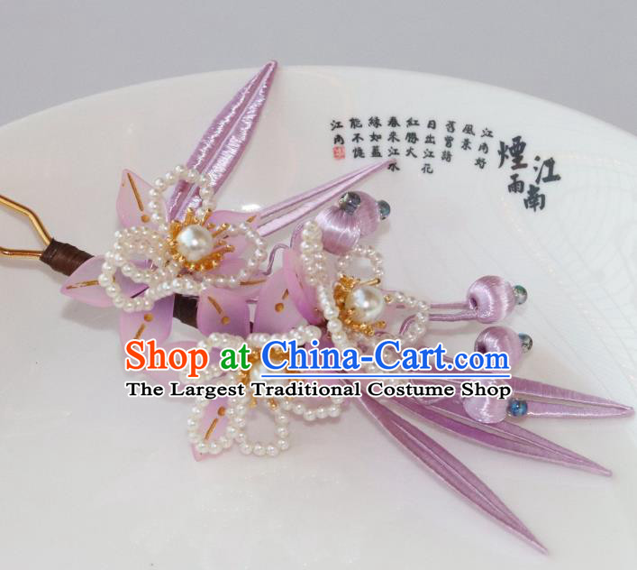 Chinese Ancient Princess Pearls Peach Blossom Hair Stick Traditional Ming Dynasty Lilac Silk Bamboo Leaf Hairpin