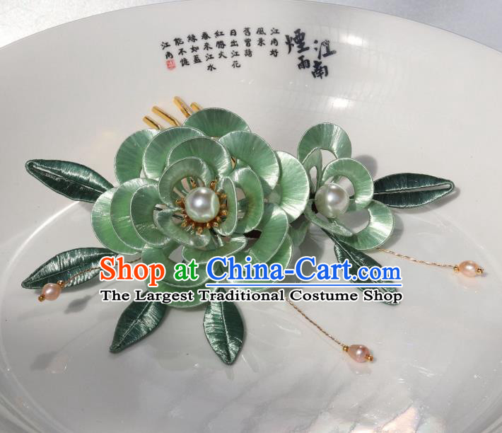 Chinese Ancient Young Beauty Green Silk Peony Hairpin Traditional Ming Dynasty Princess Pearls Hair Comb