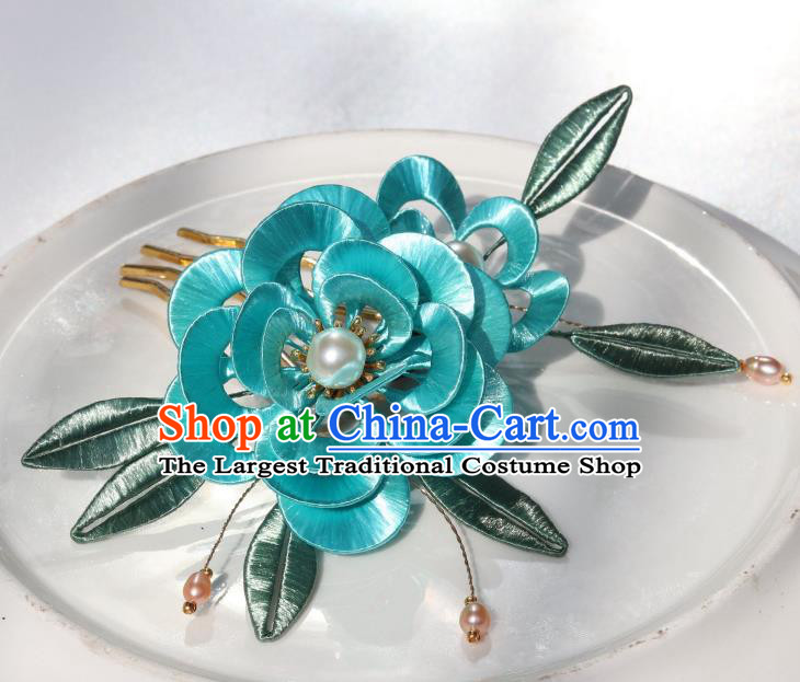 Chinese Ancient Court Woman Lake Blue Peony Hairpin Traditional Ming Dynasty Princess Hair Comb