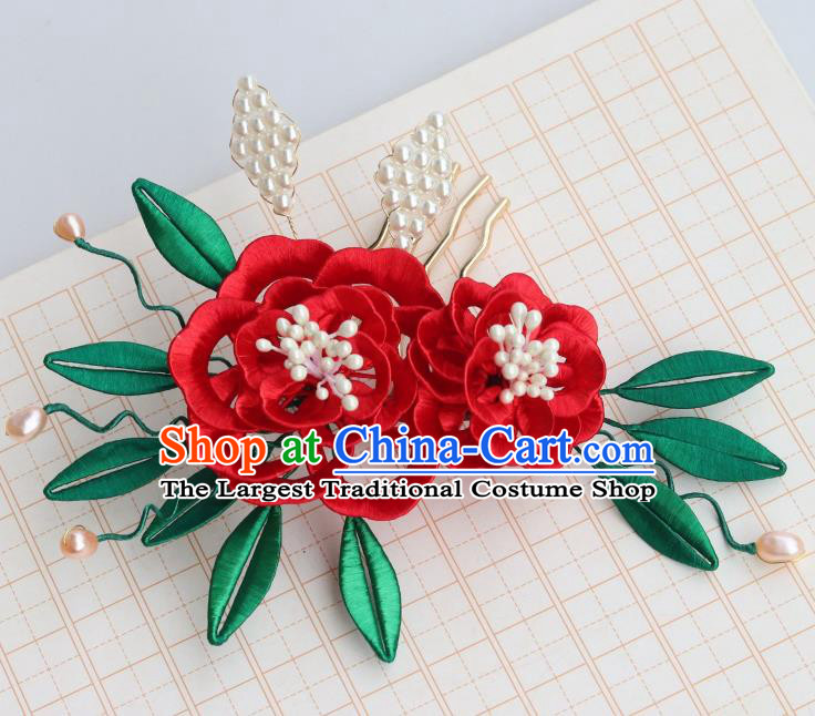 Chinese Handmade Red Silk Peony Hair Comb Ancient Song Dynasty Court Woman Pearls Hairpin