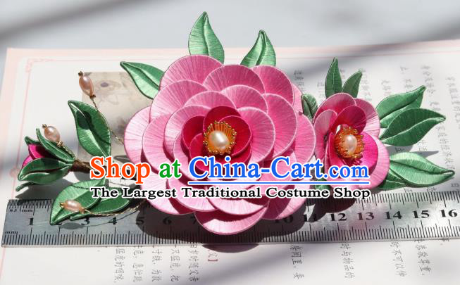 Chinese Ancient Court Lady Pearls Hairpin Handmade Ming Dynasty Princess Rosy Camellia Hair Comb