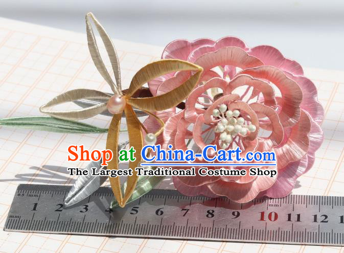 Chinese Ancient Princess Hair Accessories Traditional Hanfu Pink Silk Peony Butterfly Hairpin