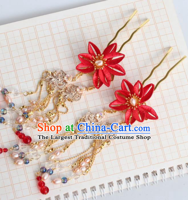 Chinese Handmade Red Silk Flowers Hair Stick Ancient Royal Princess Pearls Tassel Hairpin