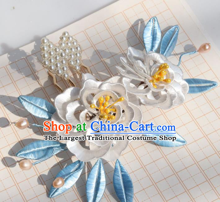 Chinese Ancient Imperial Concubine Hairpin Traditional Ming Dynasty White Silk Peony Hair Comb