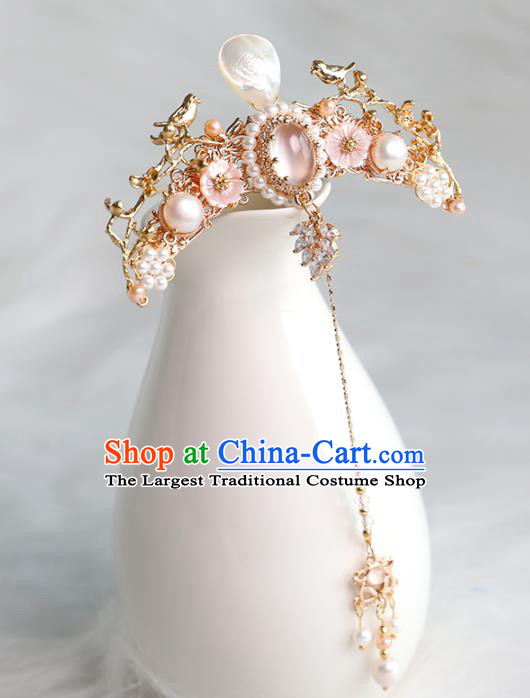 Chinese Ancient Palace Beauty Tassel Hairpin Traditional Ming Dynasty Princess Shell Hair Crown