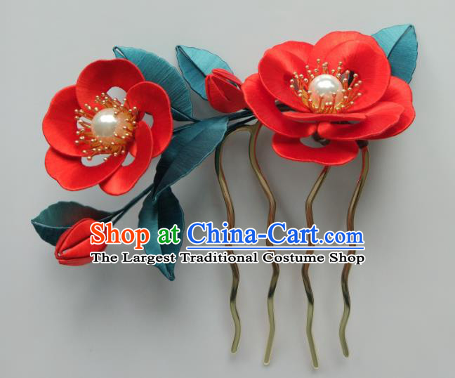 Chinese Traditional Ming Dynasty Pearls Hairpin Hair Accessories Ancient Princess Red Silk Camellia Hair Comb