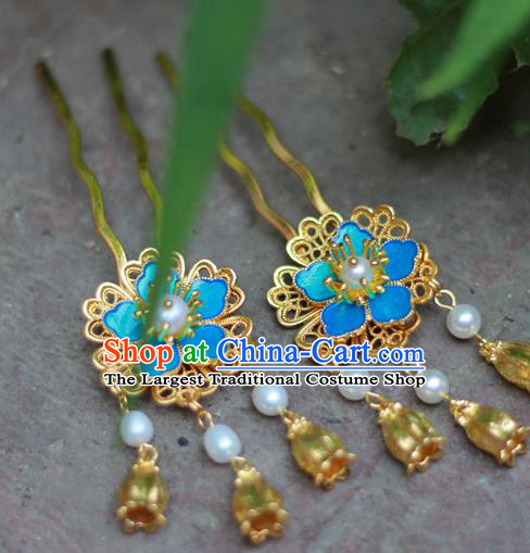 Chinese Ancient Ming Dynasty Hair Accessories Traditional Blueing Plum Blossom Hairpin