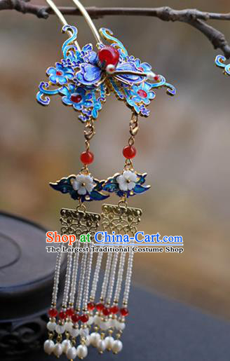 Chinese Ancient Imperial Concubine Blueing Butterfly Hairpin Traditional Ming Dynasty Pearls Tassel Hair Stick