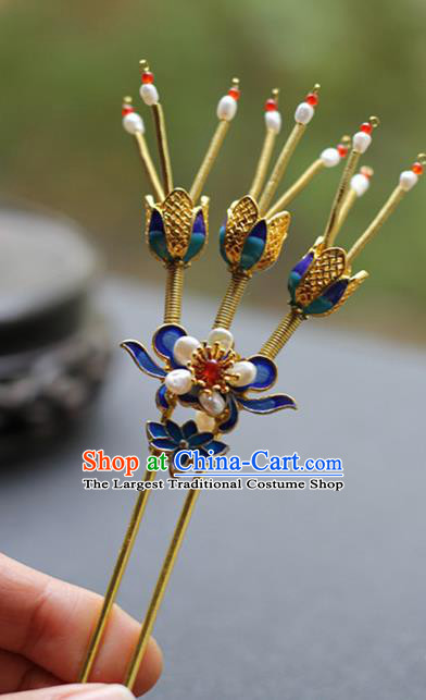 Chinese Traditional Ming Dynasty Empress Pearls Hair Stick Ancient Imperial Concubine Blueing Lotus Hairpin