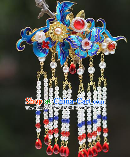 Chinese Ancient Bride Blueing Butterfly Hairpin Traditional Ming Dynasty Wedding Tassel Hair Claw