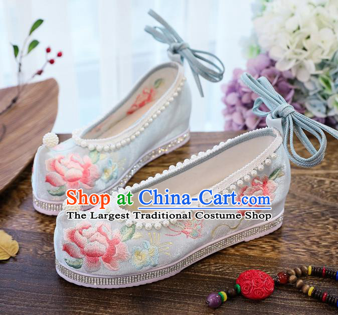 China National Embroidered Peony Shoes Traditional Hanfu Pearls Shoes Handmade Blue Satin Shoes