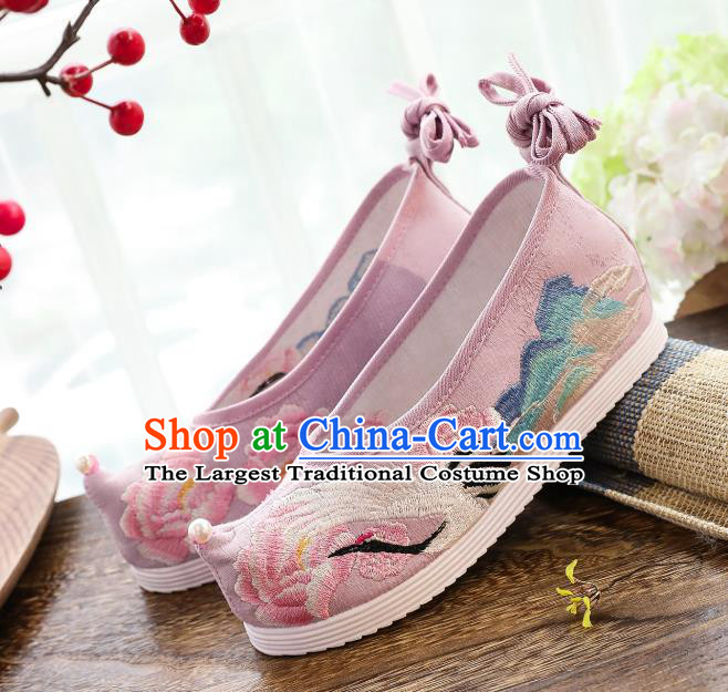 China National Embroidered Crane Pink Shoes Traditional Ming Dynasty Hanfu Shoes Handmade Princess Shoes