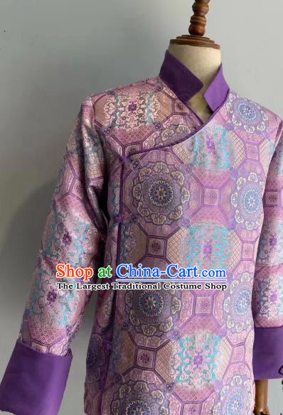 Chinese Zang Nationality Folk Dance Costume Tibetan Stage Performance Purple Brocade Jacket