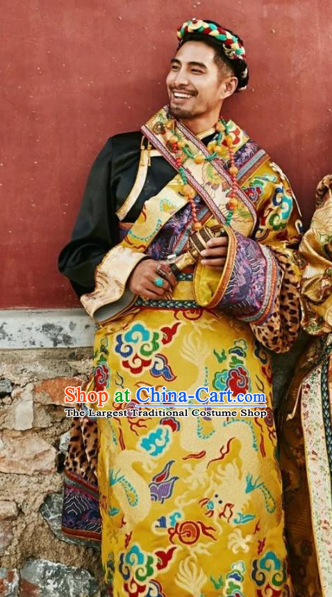 Chinese Xizang Ethnic Minority Golden Brocade Tibetan Robe Traditional Zang Nationality Male Costumes