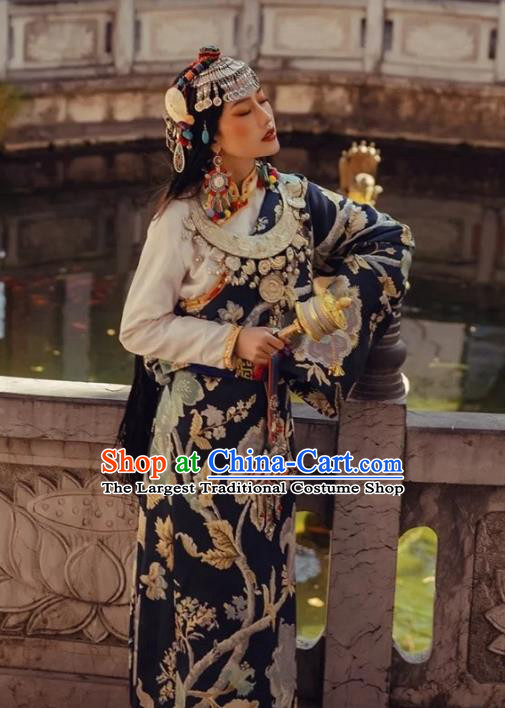 China Zang Nationality Stage Performance Navy Brocade Robe Traditional Xizang Tibetan Minority Wedding Clothing