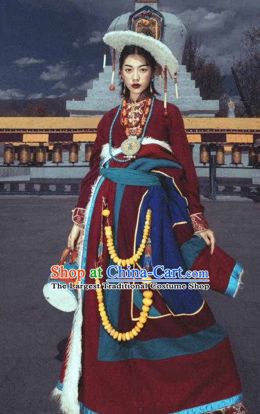 China Zang Nationality Dark Red Woolen Robe Traditional Xizang Tibetan Minority Wedding Bride Clothing