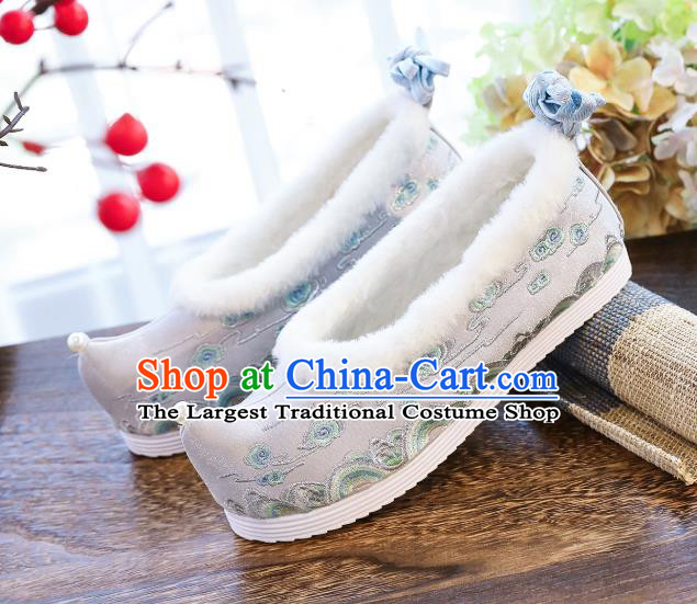 China Handmade Ancient Princess Shoes National Embroidered Grey Cloth Shoes Traditional Winter Hanfu Shoes