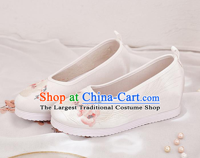 China Traditional Hanfu White Satin Shoes Handmade Ancient Princess Shoes National Embroidered Phoenix Shoes