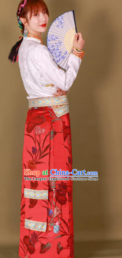 Chinese Tibetan Ethnic Heishui Dance Clothing Zang Nationality Woman Red Brocade Skirt