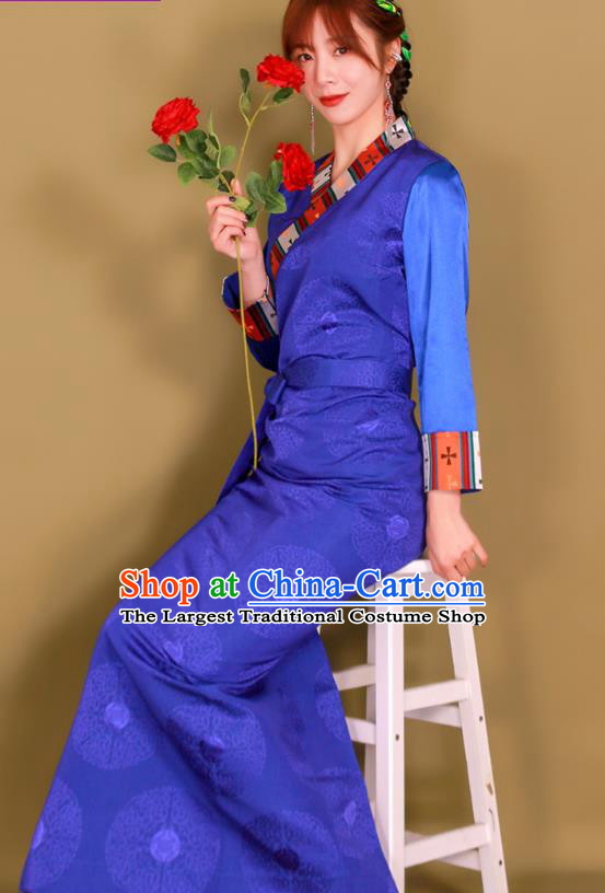 China Zang Nationality Young Lady Clothing Traditional Xizang Minority Royalblue Bola Dress