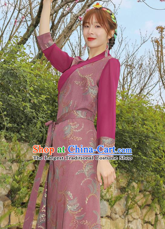 China Zang Nationality Heishui Dance Clothing Traditional Xizang Tibetan Minority Wine Red Bola Dress