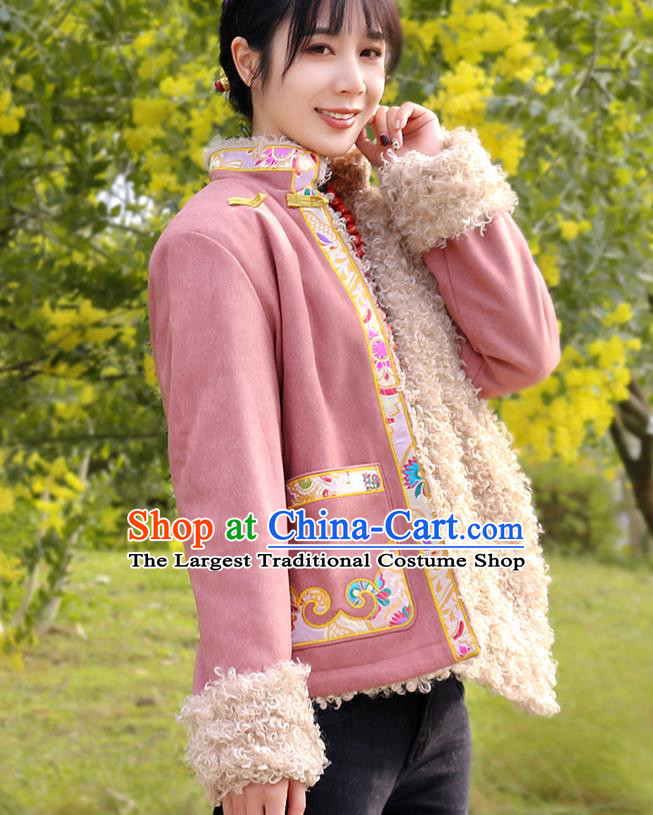 Chinese Zang Nationality Winter Embroidered Pink Jacket Traditional Tibetan Ethnic Female Outer Garment Clothing