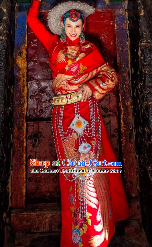 China Zang Nationality Bride Wedding Clothing Traditional Xizang Tibetan Minority Performance Red Brocade Robe