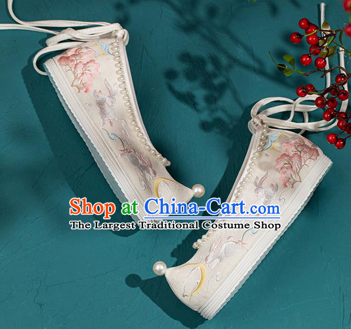 China Traditional Ming Dynasty Princess Shoes Handmade Hanfu Bow Shoes Embroidered Rabbits Pearls Shoes