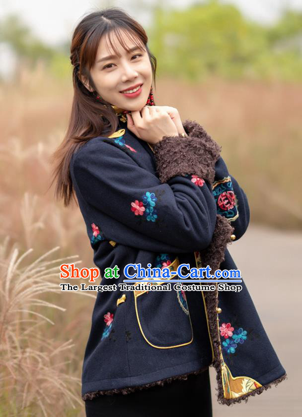 Chinese Traditional Zang Nationality Winter Clothing Lamb Wool Outer Garment Tibetan Ethnic Embroidered Navy Jacket