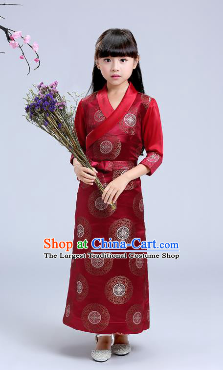 Chinese Xizang Ethnic Minority Girl Wine Red Brocade Dress Traditional Zang Nationality Children Costumes