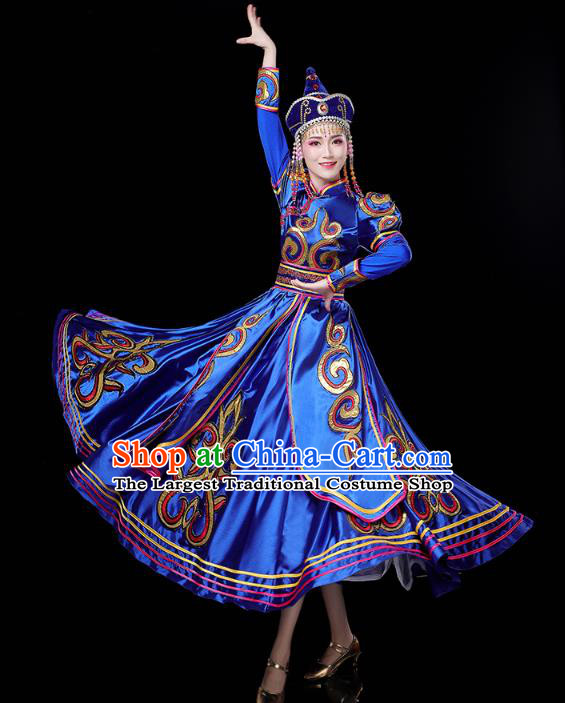 Chinese Mongol Ethnic Folk Dance Royalblue Dress Traditional Mongolian Nationality Stage Performance Costume