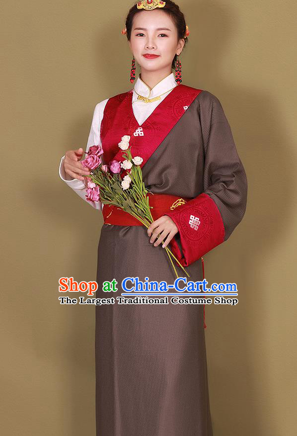 China Traditional Brown Tibetan Robe Zang Minority Costume Xizang Ethnic Woman Clothing