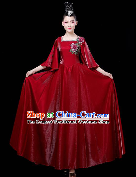 China Woman Chorus Wine Red Dress Spring Festival Gala Opening Dance Modern Dance Clothing