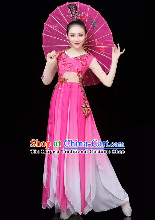 Chinese Traditional Woman Group Dance Costume Umbrella Dance Clothing Classical Dance Rosy Dress