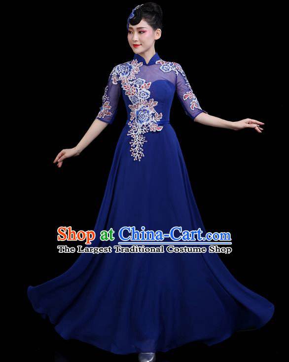 China Opening Dance Deep Blue Dress Woman Embroidered Chorus Costume Modern Dance Clothing