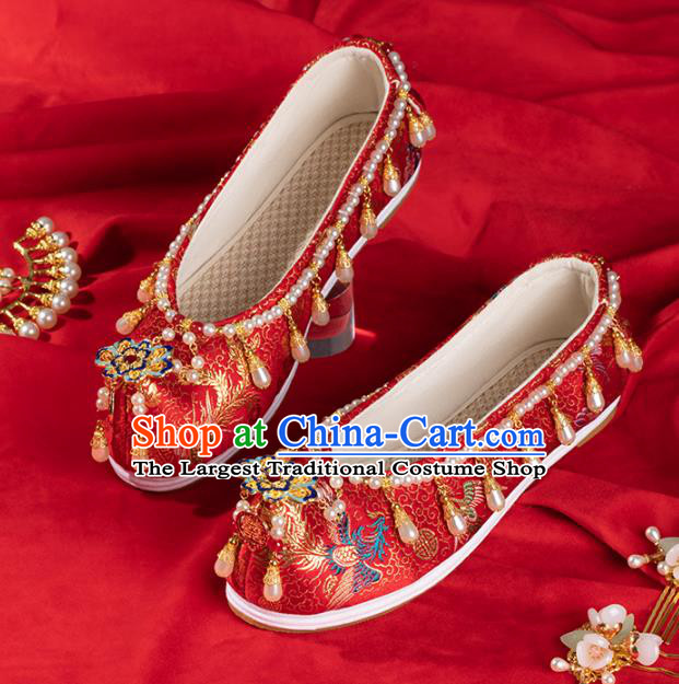 China Ancient Bride Pearls Shoes Traditional Ming Dynasty Princess Shoes Handmade Hanfu Wedding Red Satin Shoes