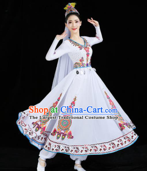 Chinese Traditional Uyghur Nationality Folk Dance Costume Xinjiang Ethnic Stage Performance White Dress