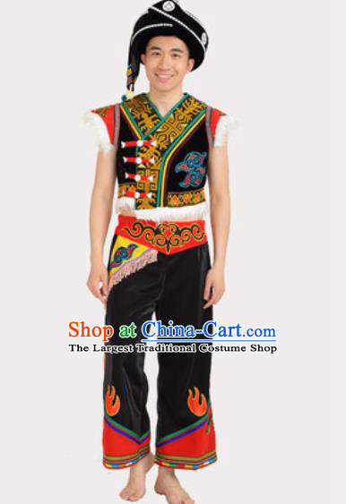 Chinese Traditional Yi Minority Male Stage Performance Black Outfits Liangshan Ethnic Folk Dance Clothing