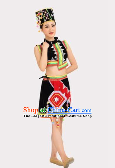 Chinese Yunnan Ethnic Stage Performance Black Dress Outfits Traditional Dai Nationality Folk Dance Costumes