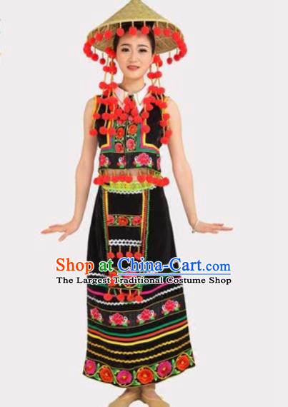 Chinese Ethnic Village Girl Black Dress Outfits Traditional Li Nationality Folk Dance Costumes and Bamboo Hat